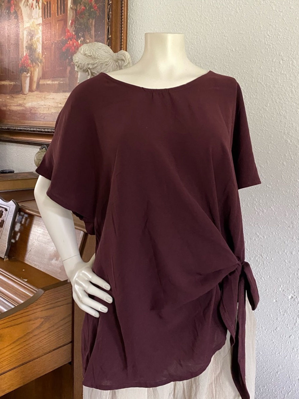 SHEIN Side-Tie Short Sleeve Tunic Top — Burgundy